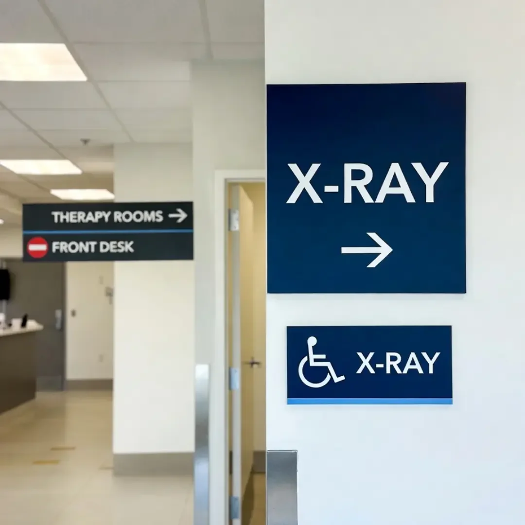 Signage directing to X-ray, therapy rooms, front desk, and wheelchair accessible X-ray area in a healthcare facility.