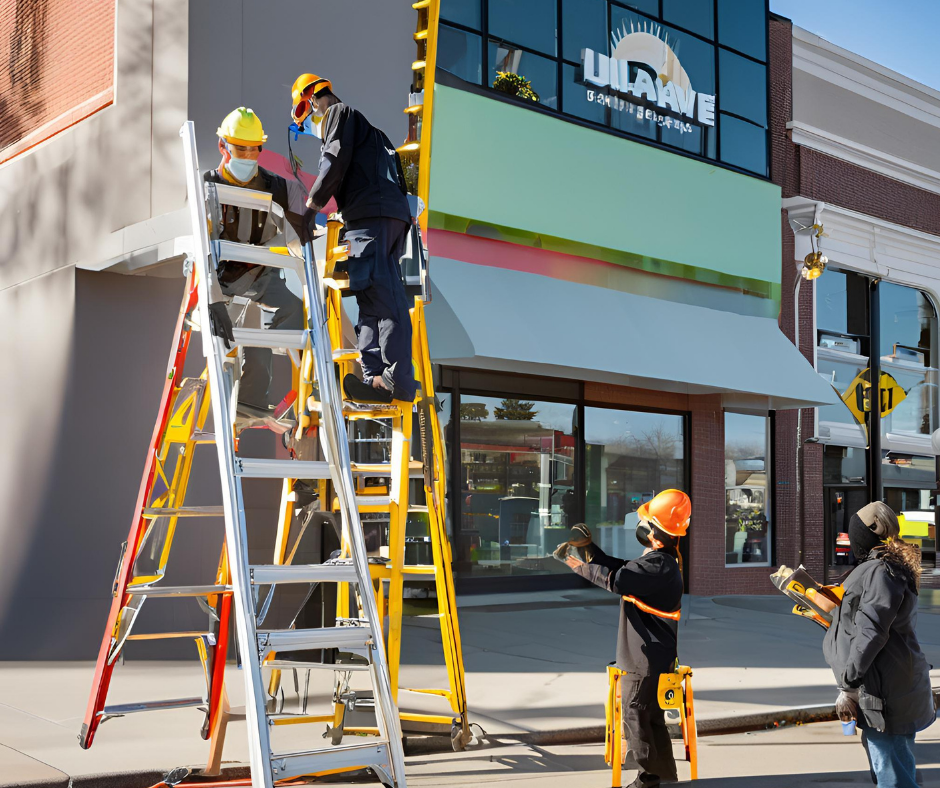 Four construction workers, two on a ladder and two on the ground, working on the exterior of a commercial building with a green and glass facade, near a street corner with a traffic light and various storefronts.