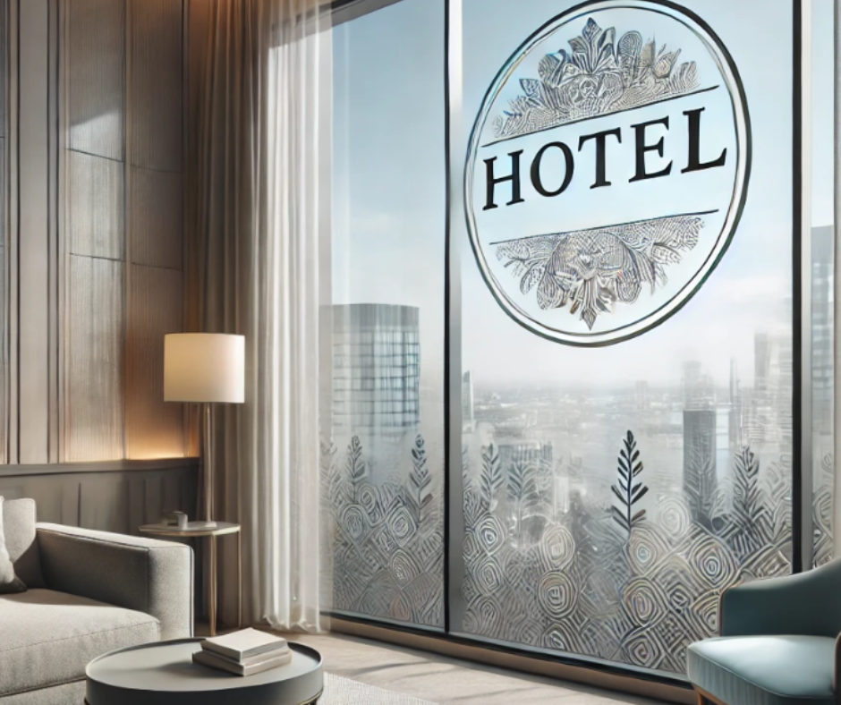 Hotel lobby with a large glass window displaying the word 'HOTEL' in a circle, overlooking a city skyline with tall buildings, a beige sofa, a round coffee table with books, a side table with a lamp, and cream curtains.