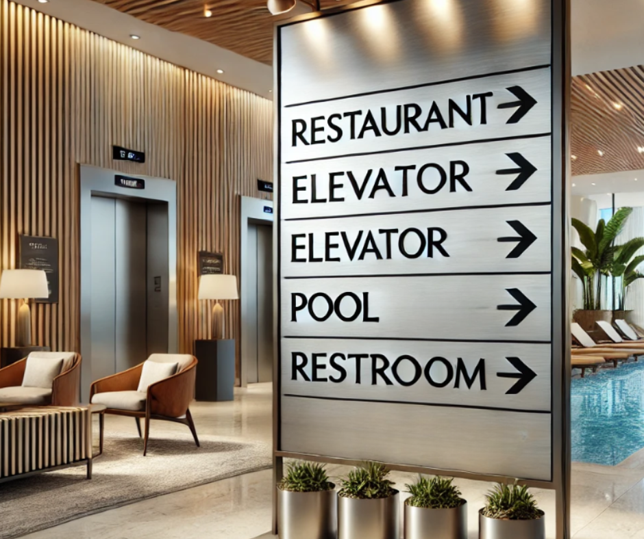 Indoor hotel lobby with a large sign indicating directions to restaurant, elevators, pool, and restroom, with seating area and elevator doors in the background.