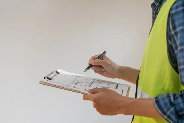 Person in a yellow safety vest holding a clipboard and pen, reviewing a blueprint or floor plan.