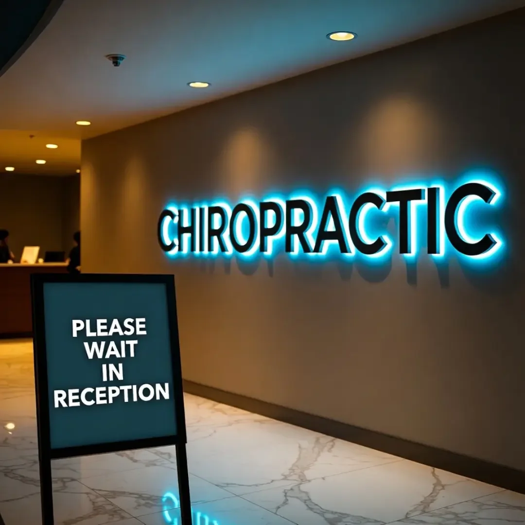 Interior of a chiropractic clinic with a large illuminated sign reading 'CHIROPRACTIC' and a smaller sign instructing visitors to wait in reception.