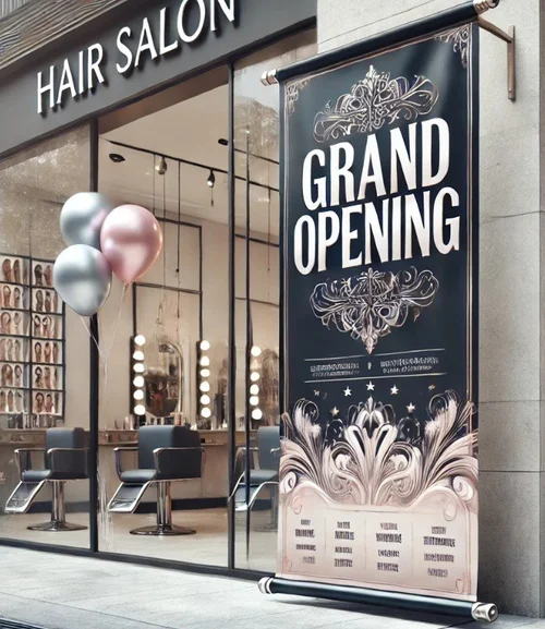 Grand Opening Signs displayed at a new beauty salon.