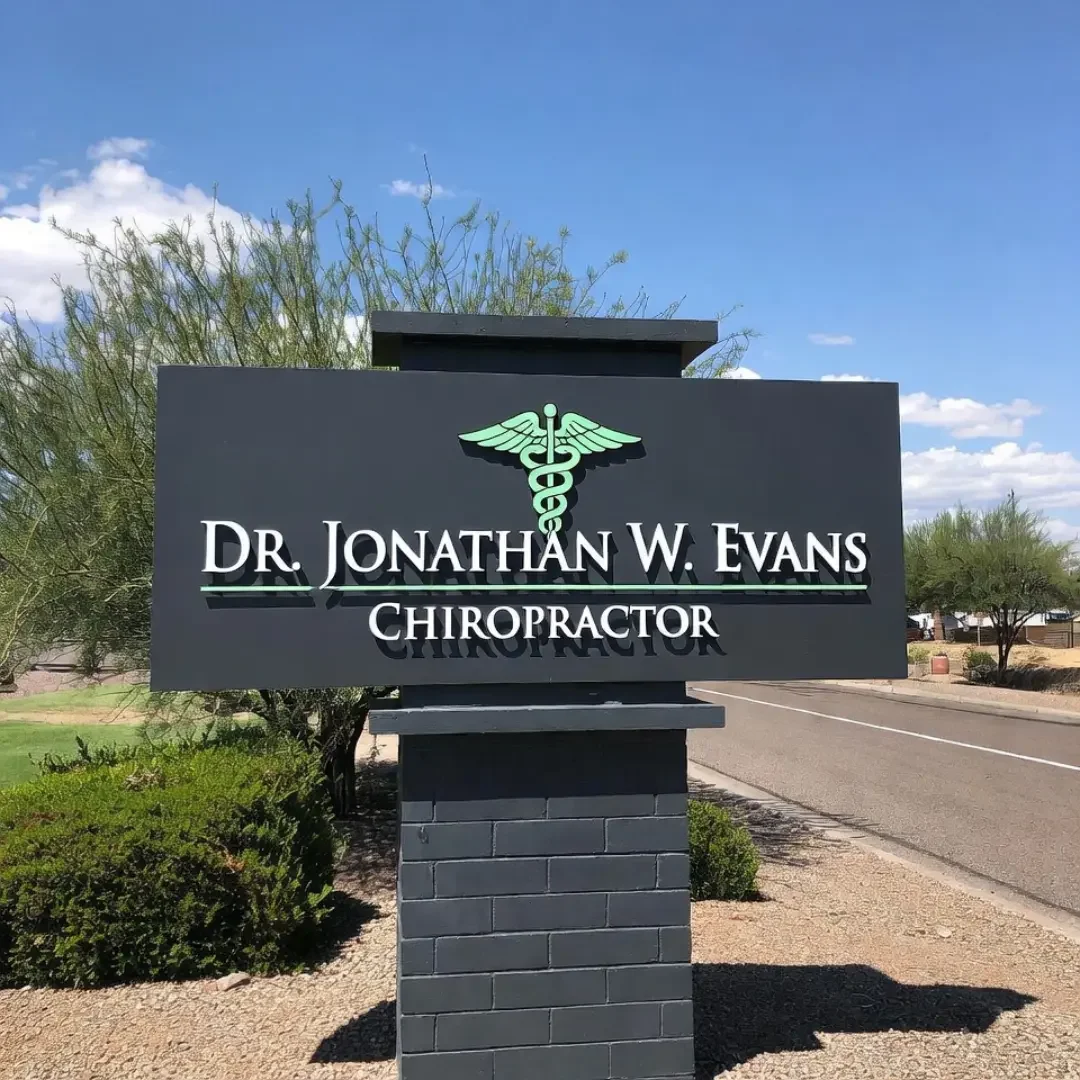 Sign for Dr. Jonathan W. Evans, Chiropractor, with a caduceus symbol on a black background, located outdoors beside a road with trees and a blue sky.