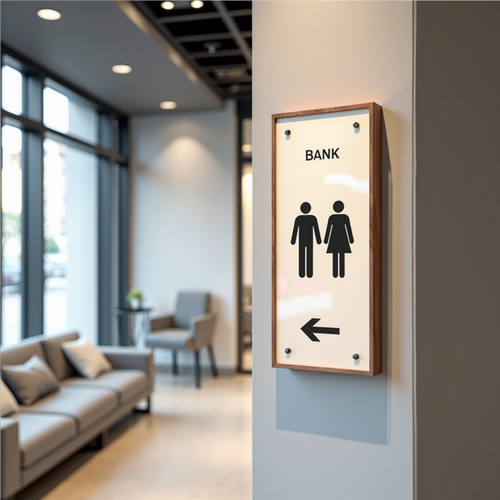 Coordinated interior sign system guiding customers through a bank branch