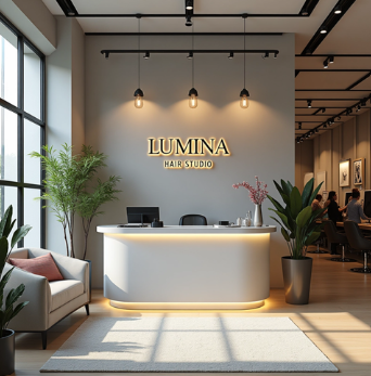 Custom Reception Area Sign installed behind a salon front desk.