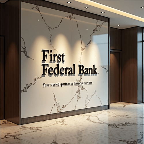 Dimensional bank logo installed behind a reception or customer service desk