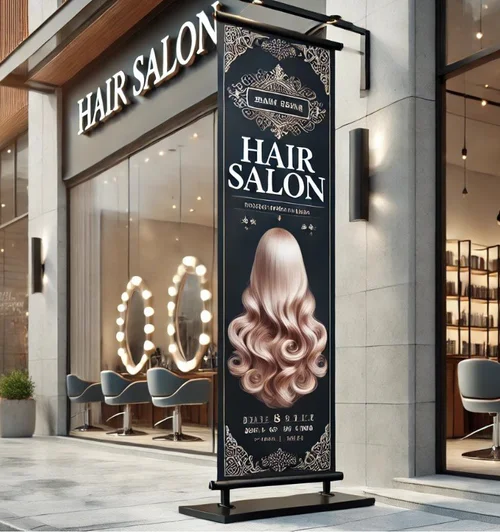 Custom promotional banner displayed outside a beauty salon.