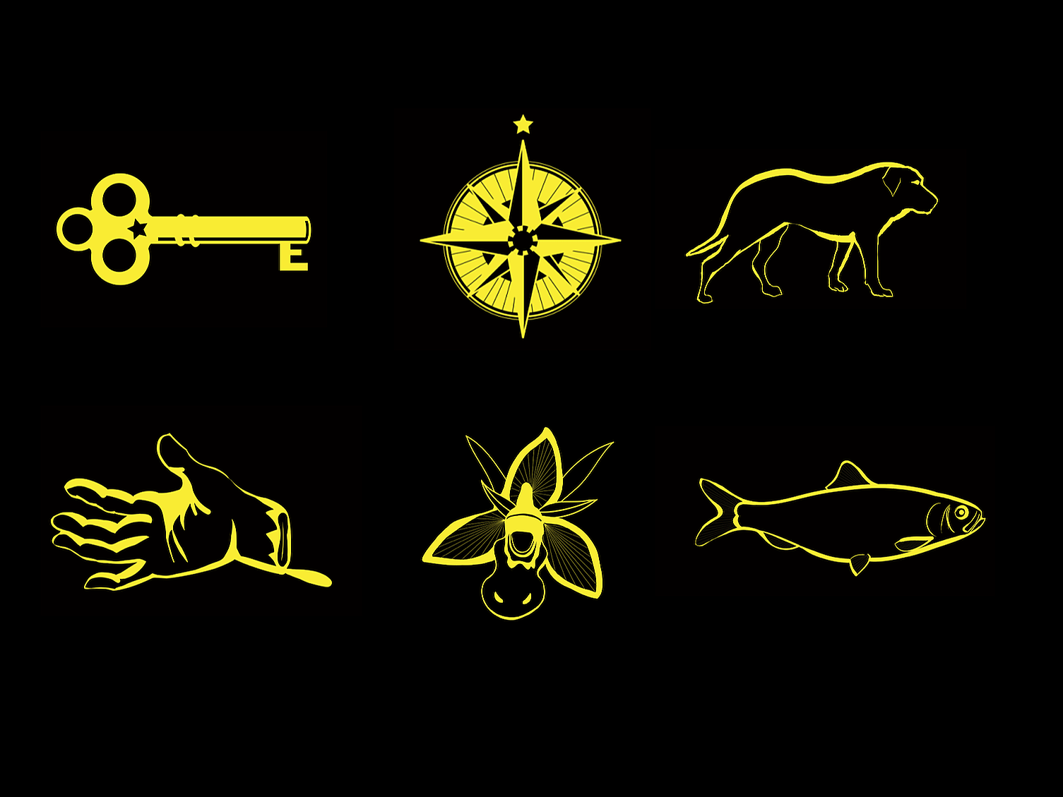 Key, Compass, Black Shuck, Severed Hand, Bee Orchid, Herring -   A People's Peculiar    (2012),  illustrations by Joe Naylor