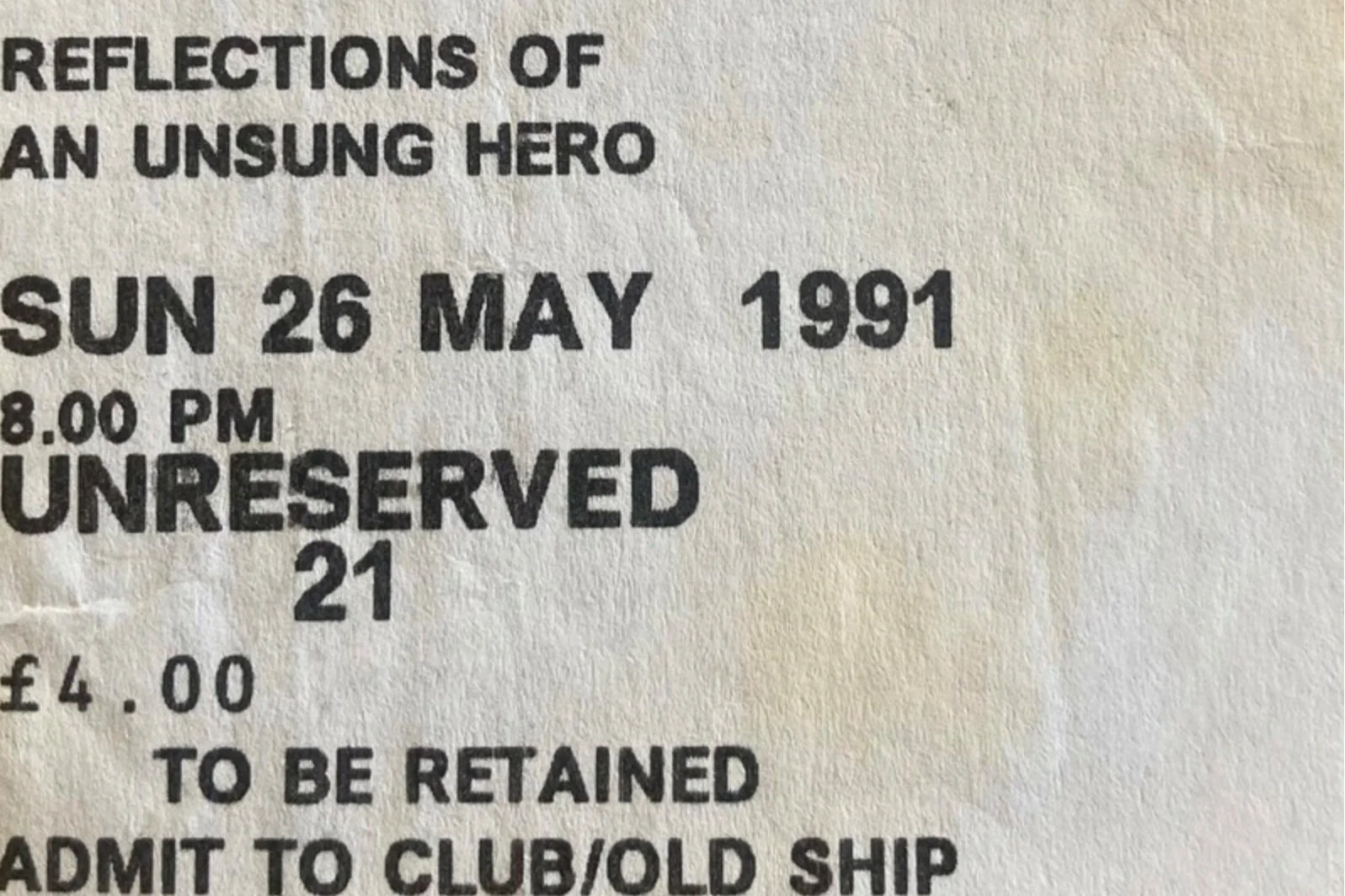   Reflections of an Unsung Hero   (1991). Ticket stub, Queer South East Archive (Harry Pygar).