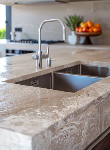 Close up of travertine countertop on island in modern kitchen