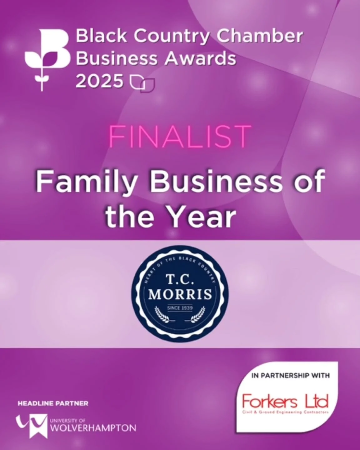 We have some great news!! 

T.C. Morris is a Black Country Chamber of Commerce Awards finalist in the Family Business category!  Whoop whoop!! 

Looking forward to meeting the BCCC judges on site soon and showing off our business and its people!  The