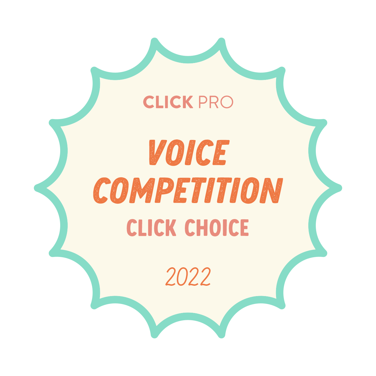 Promotional graphic for CLICK PRO Voice Competition 2022, featuring a decorative scalloped border with pastel colors, and text indicating a click choice event.