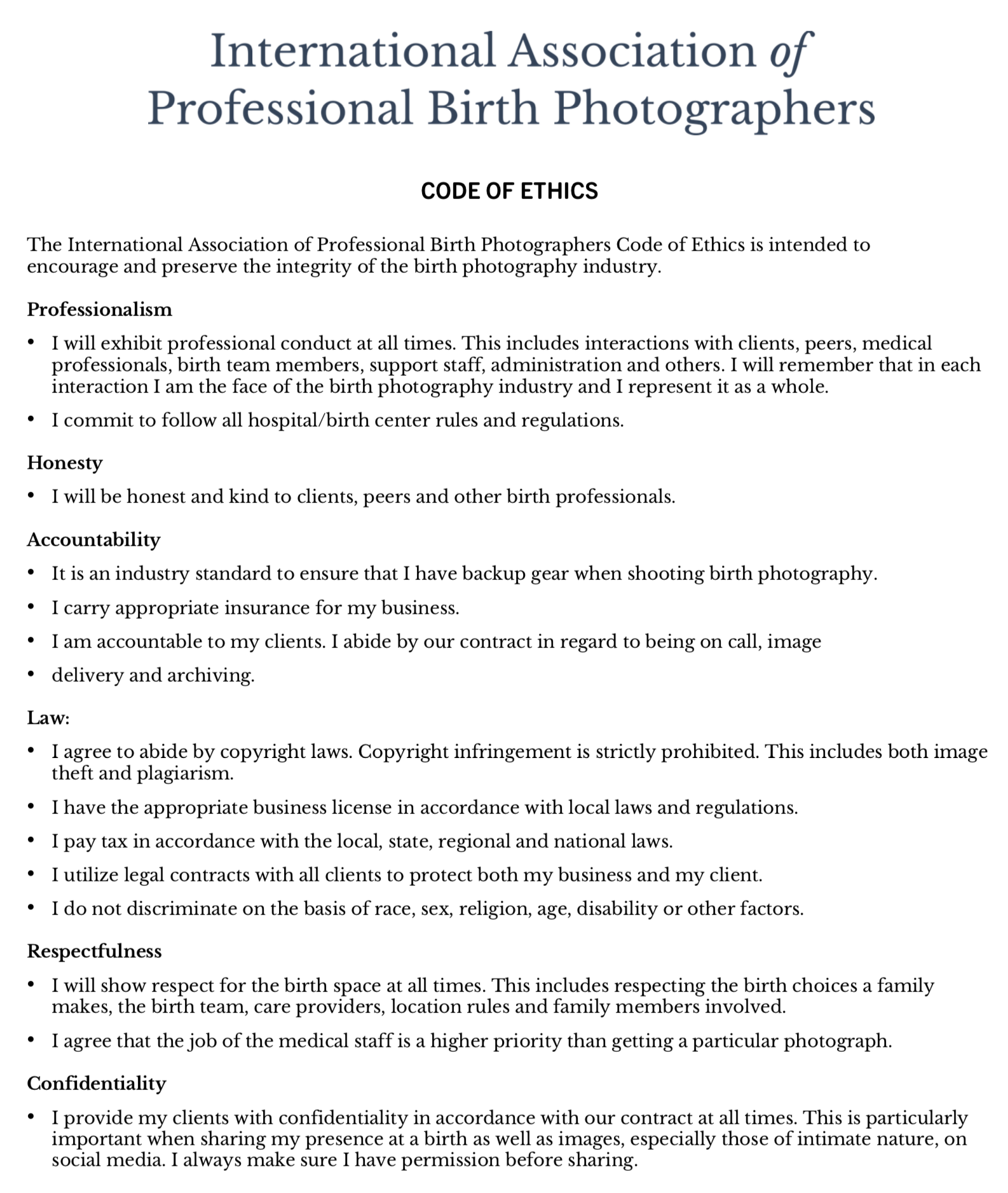 International Association of Professional Birth Photographers code of ethics document.