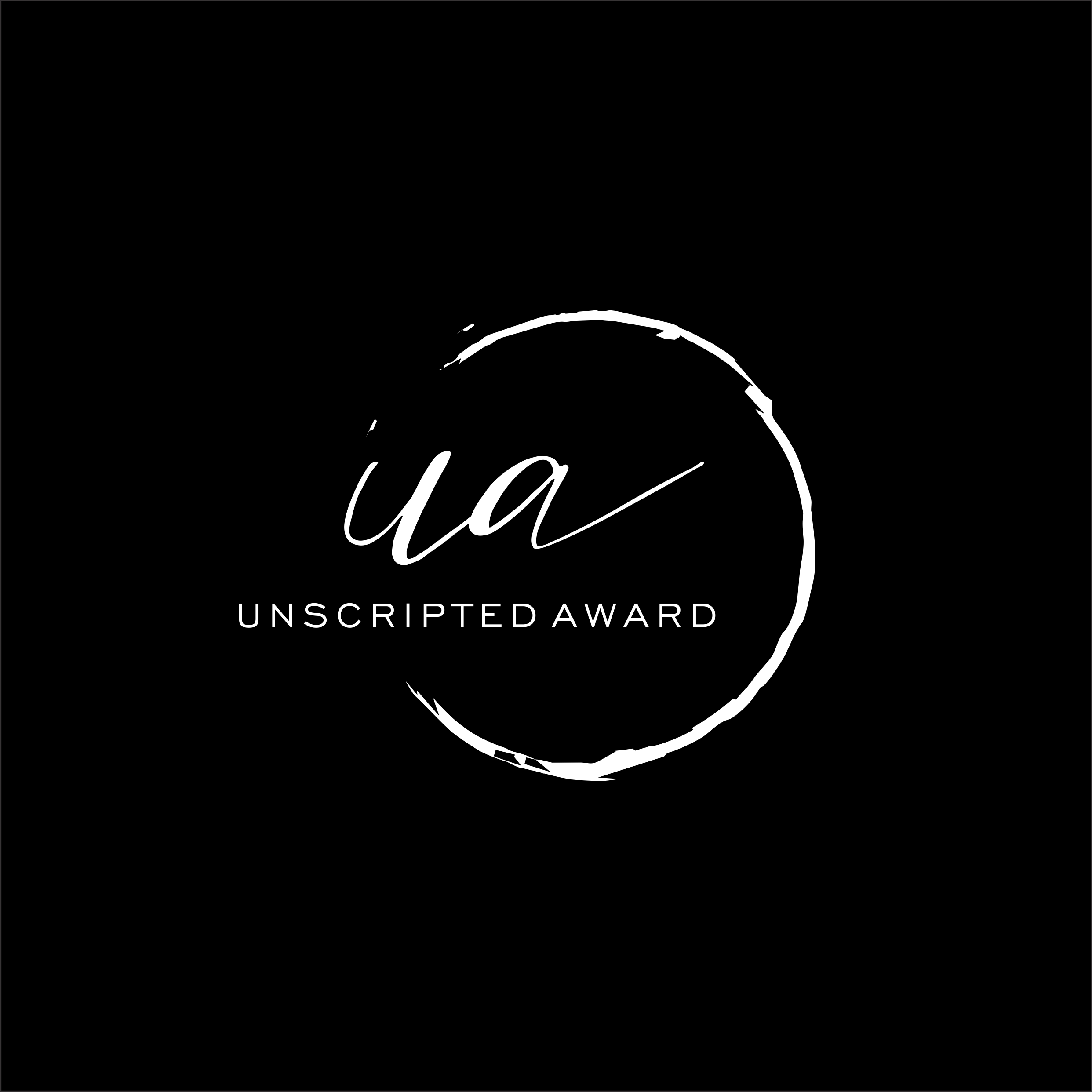 Black background with white text and a rough circular border, displaying the words "ia" in cursive and "UNSCRIPTED AWARD" in uppercase.