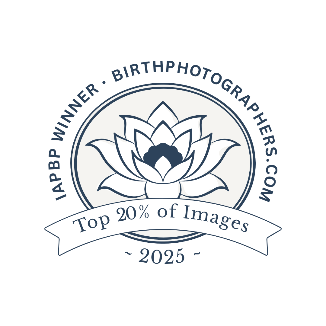 An award badge for the top 20% of images in a photography contest, featuring a lotus flower, with the text 'IAPB WP WINNER BIRTHPHOTOGRAPHERS.COM Top 20% of Images 2025'.