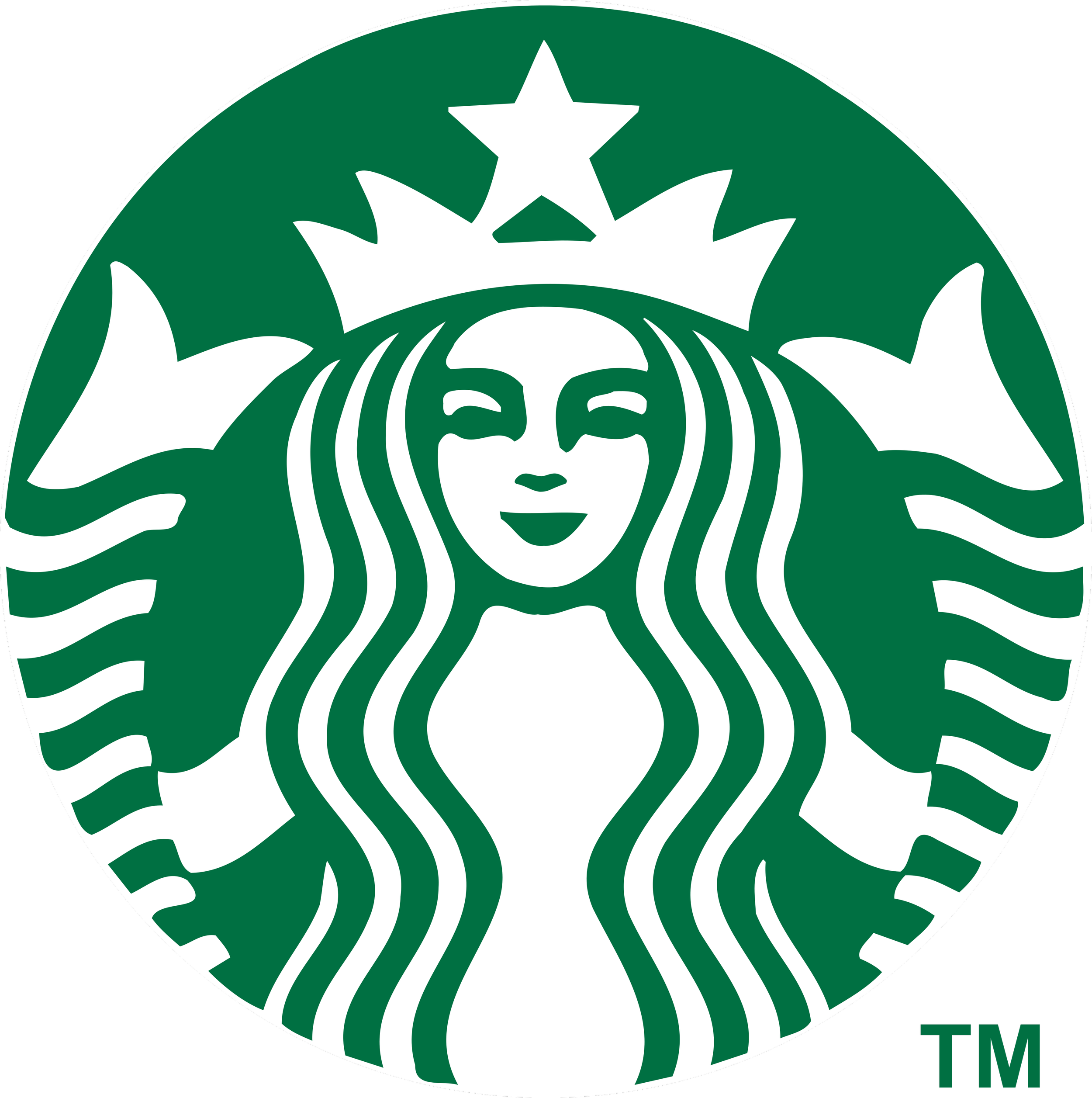 Starbucks logo: green circle with a stylized mermaid/woman with long hair, a crown with a star, and two tails, TM trademark symbol in the lower right corner.