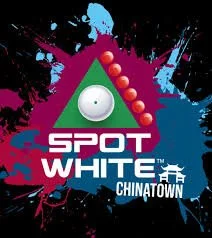 A colorful graphic with a green triangle, a white cue ball, red balls, and a black splatter background, representing a pool or billiards-themed design for Spot White Chinatown.