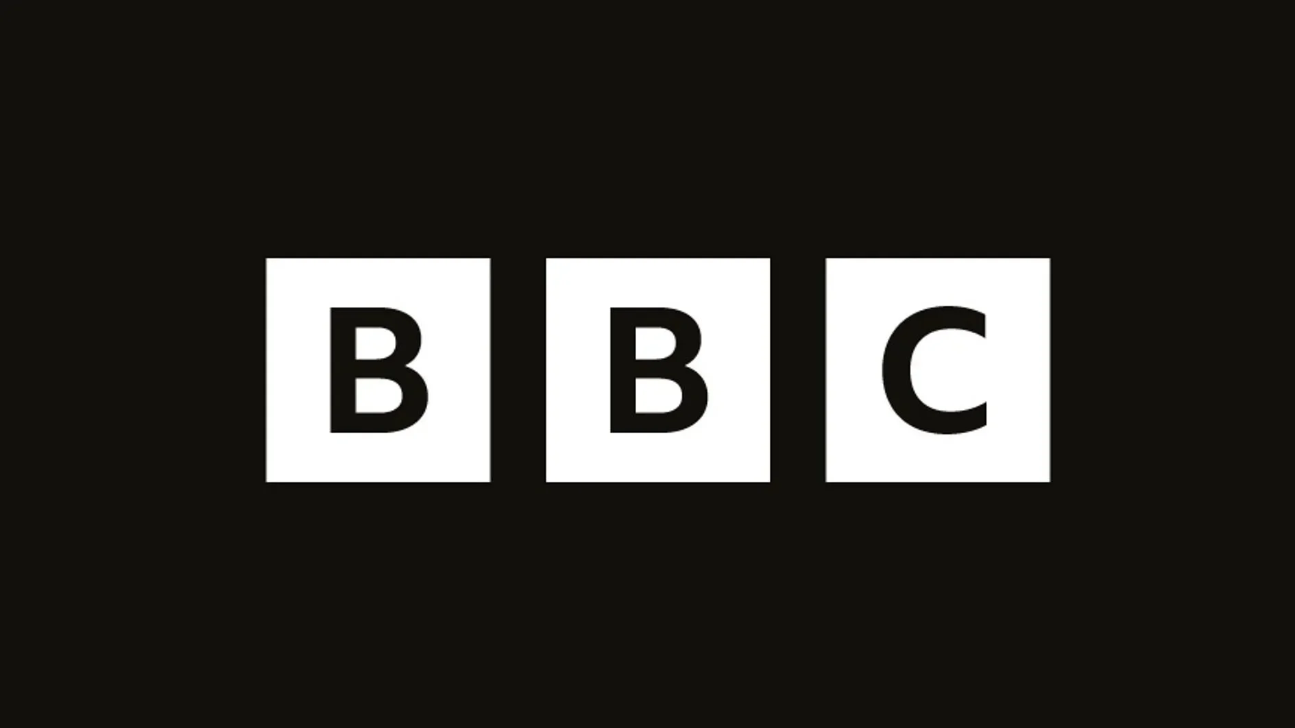 BBC logo with three white squares containing black letters B, B, C on a black background.