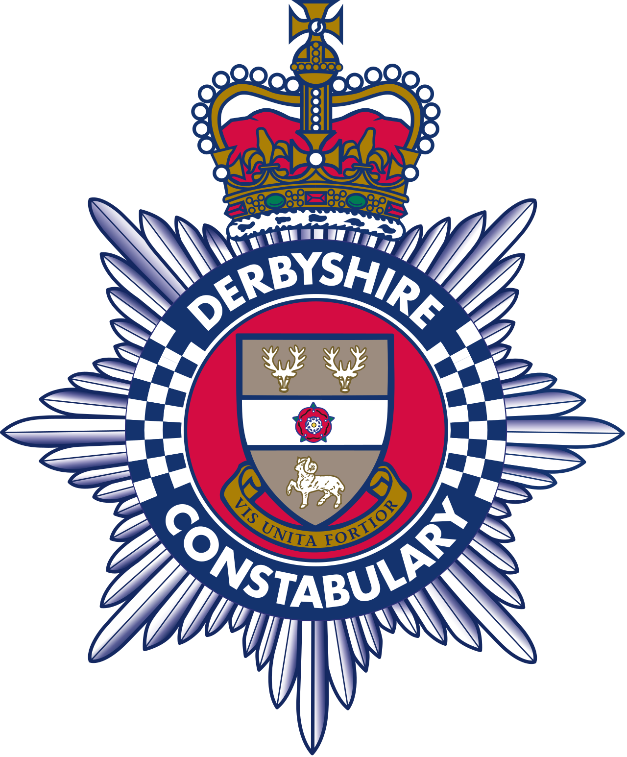 Badge of Derbyshire Constabulary featuring a crown, starburst design, shield with a stag, a rose, and a ram, and the motto 'Vis Unita Fortior'.