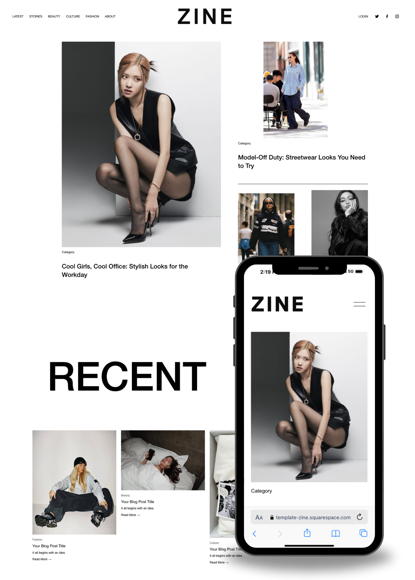 Preview of the Zine Template, a customizable Squarespace Fluid Engine design featuring a modern, editorial-style layout with responsive design elements.