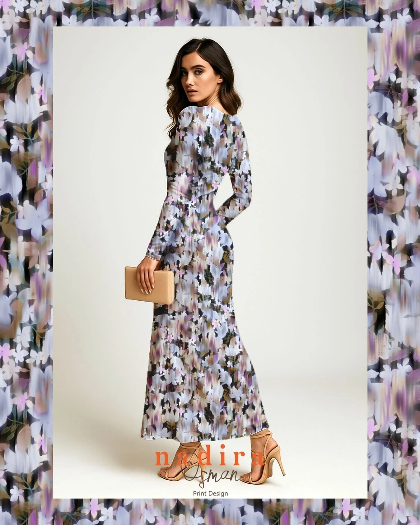 Dreaming in watercolor 🌷💜- soft blurred florals in shades of lilac, lavender and violet flows effortlessly across this silhouette. 

#blurredflorals #watercolorflorals #purplehues #fashionart #printdesign #textileprintdesign #textileprints