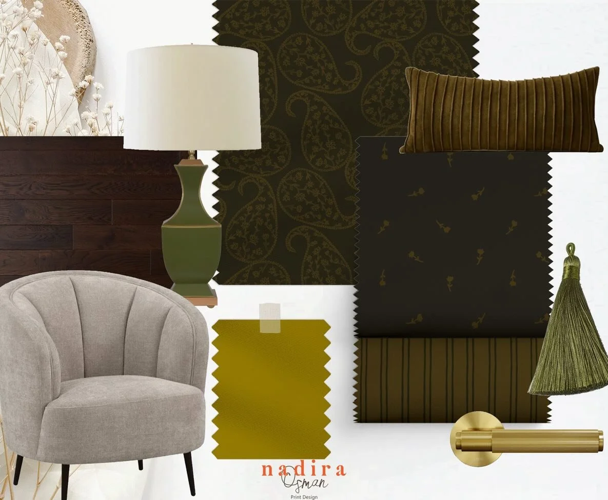 Olive Lumerie 

Olive tones meet luminous chartreuse in a refined play of paisleys, stripes, and ditsy florals. Designed to bring depth, elegance, and character to interiors. 🌿

#InteriorTextiles #SurfacePatternDesign #WallpaperDesign