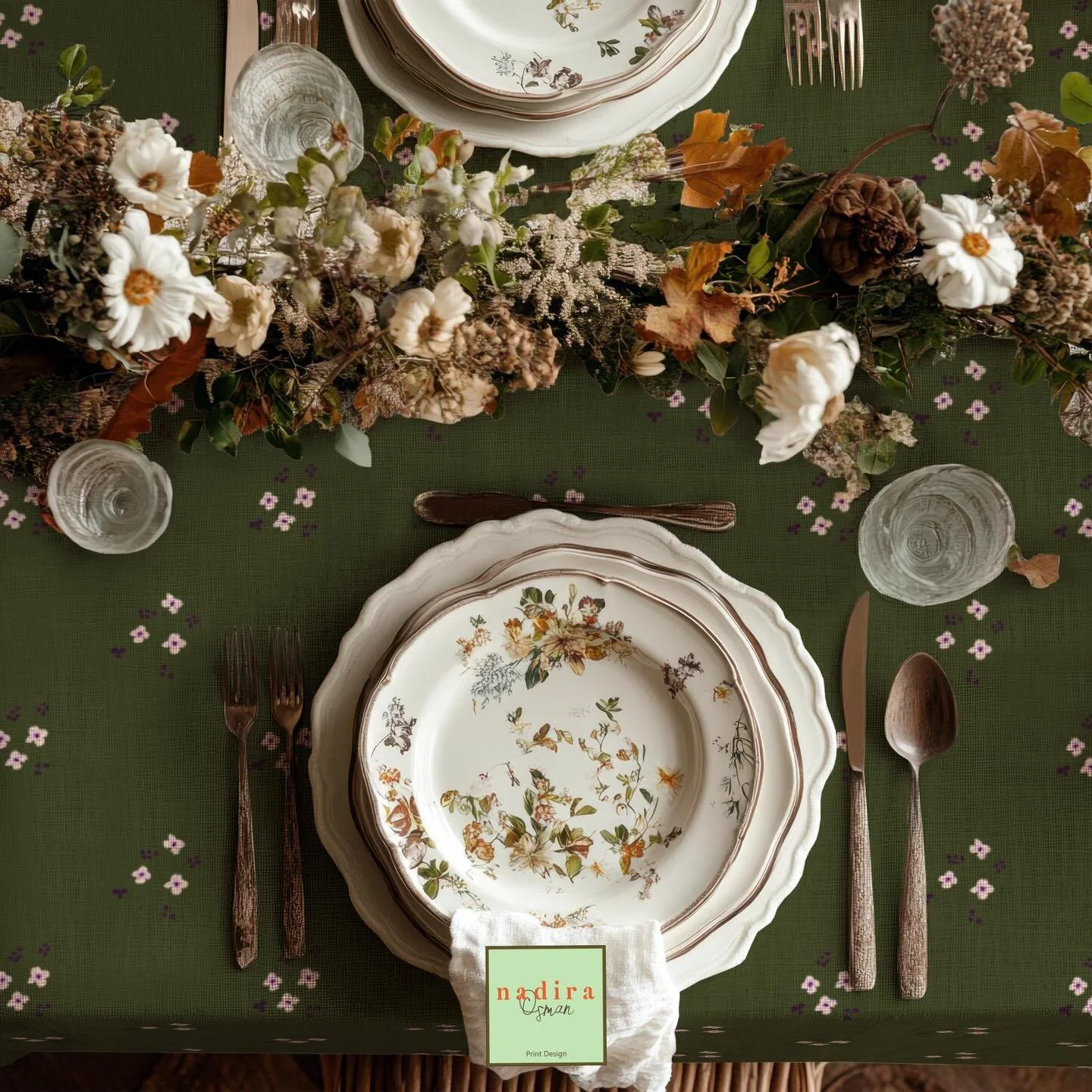 A rich mossy green ground scattered with delicate, ditsy florals is giving earthy, romantic, and quietly timeless 🌿

#SpringEntertaining #FloralPrint #SurfacePatternDesign #TextileDesign #springhassprung