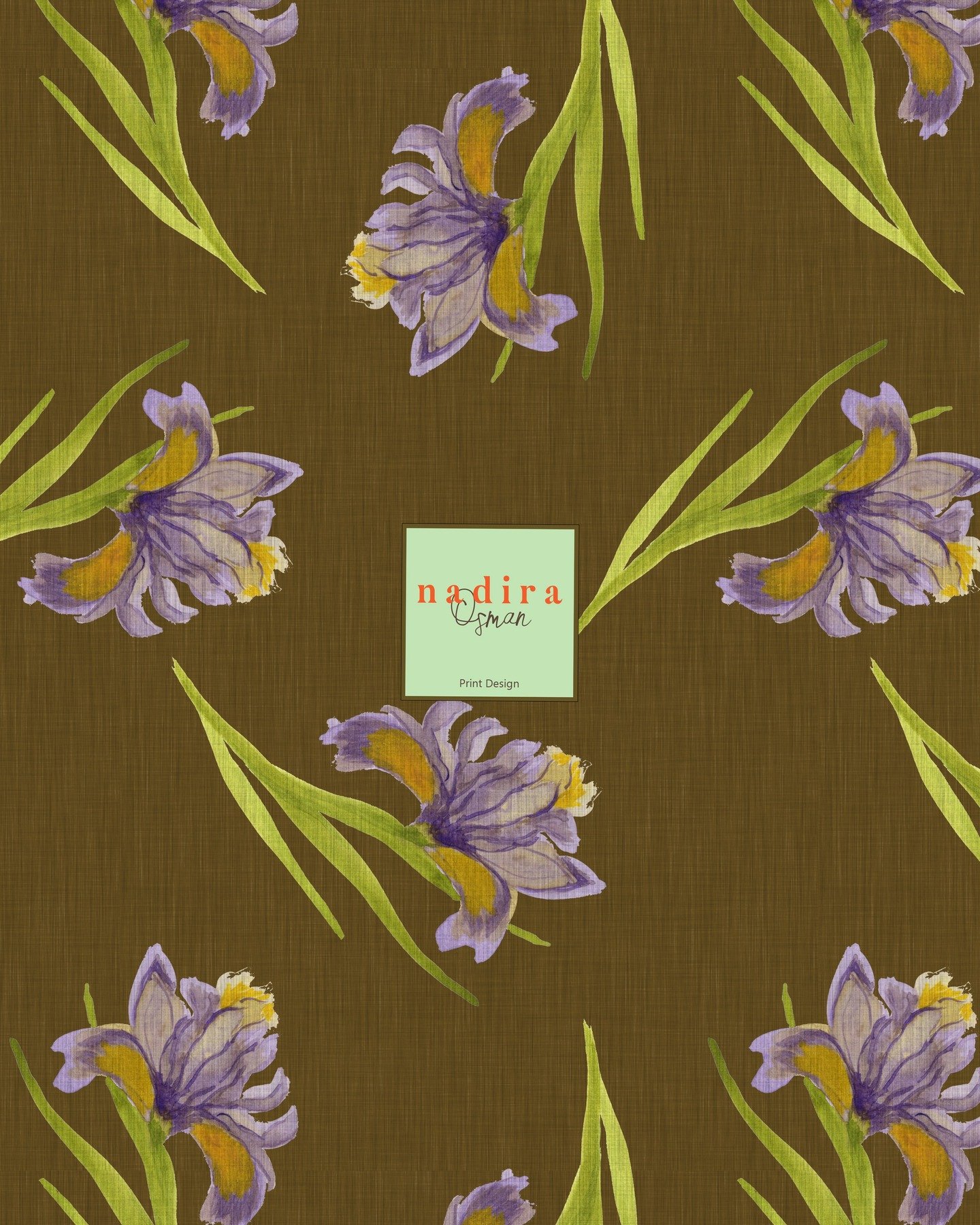 Olive &amp; Iris

A rich, olive ground sets the stage for softly painted iris blooms in lilac and golden tones. 

The contrast between the fluid watercolor petals and the structured repeat creates a timeless print that feels both grounded and elevate