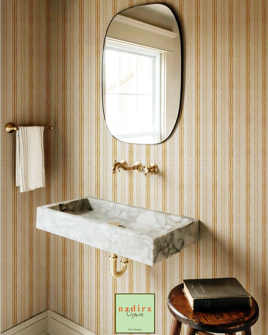 Soft, sophisticated, and quietly timeless. This wallpaper features a delicate vertical stripe pattern in warm caramel and golden ochre tones, layered with fine dotted detailing that adds texture and depth. The rhythmic stripe design draws the eye upw