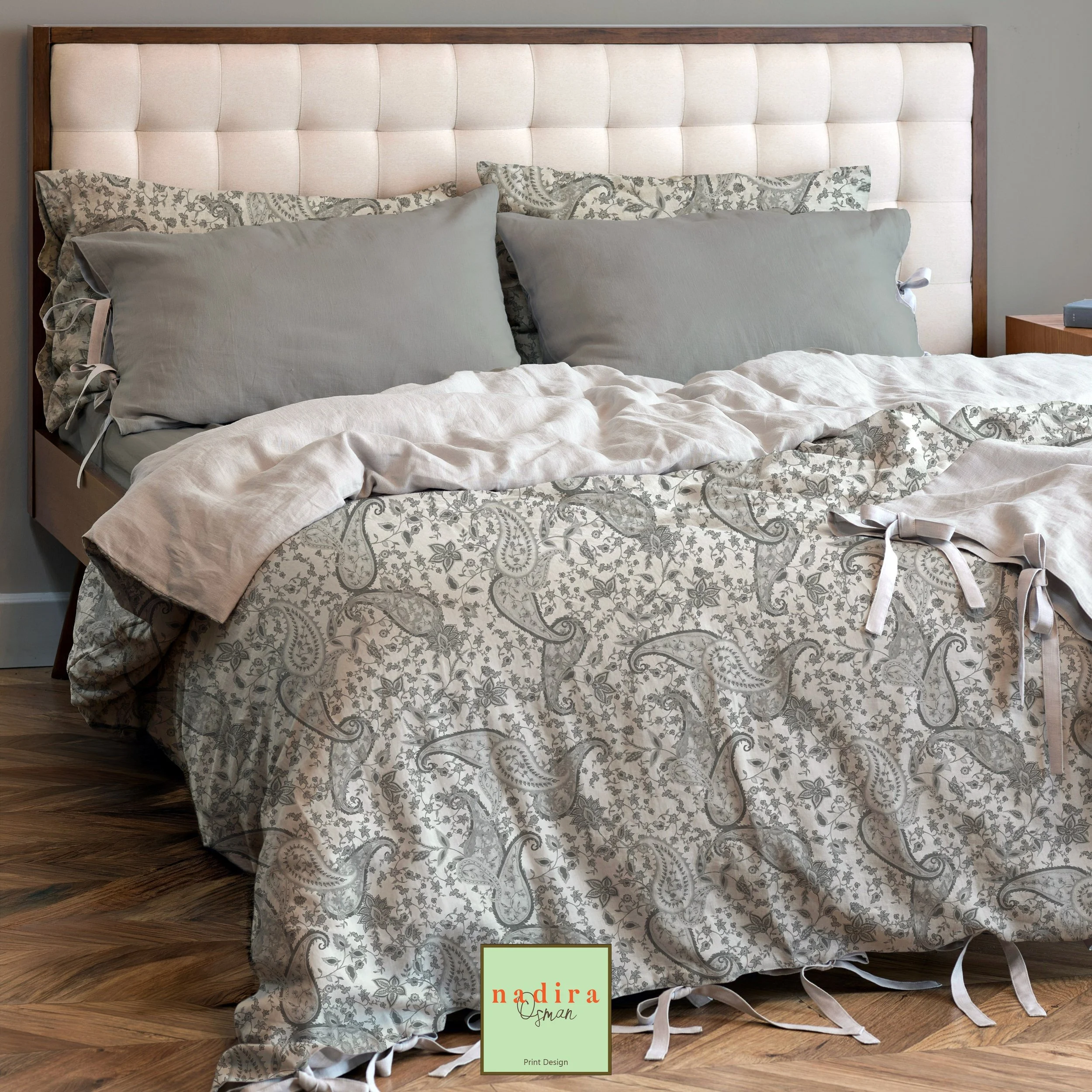 A timeless paisley print with soft neutrals and delicate florals that brings a cozy, collected feel to the bedroom. I love designing patterns that feel classic yet fresh, creating spaces that are warm, inviting, and made to be lived in.

#beddingdesi