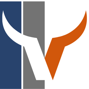 Logo with stylized bull horns in blue, white, gray, and orange.