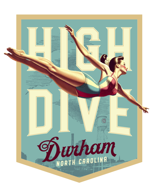Illustration of a female diver in mid-air, diving forward with arms extended, with a background featuring the words 'High Dive' and 'Durham North Carolina'.