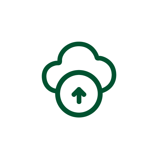 Cloud upload icon with upward arrow in green outline