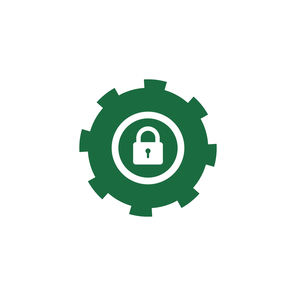 Green gear icon with a white padlock in the center, representing security settings or cybersecurity.