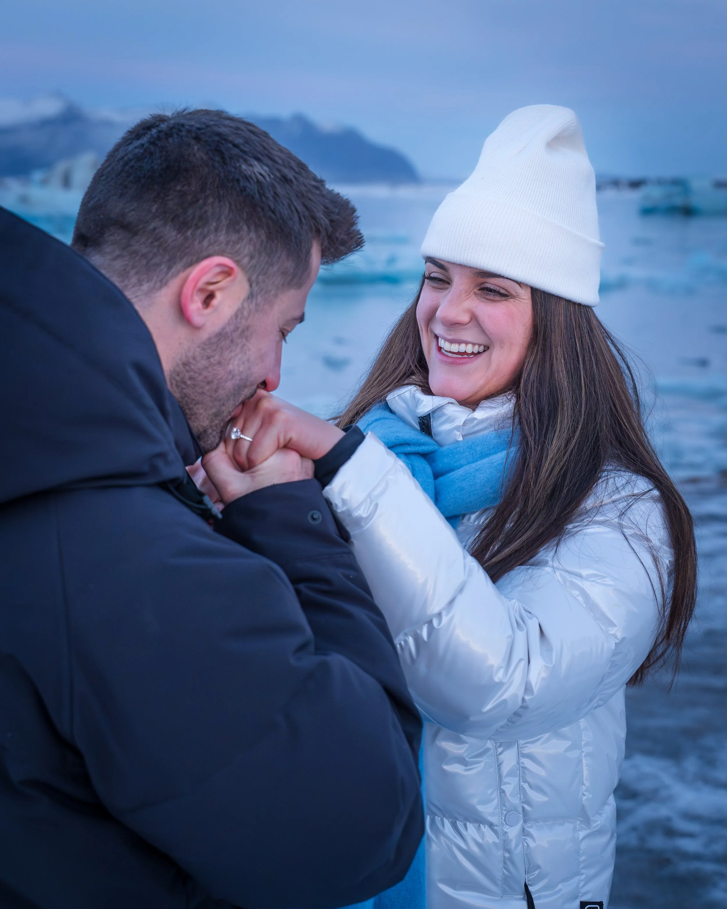Young adult couple in Iceland next to Jorkusalon and Diamond Beach, during romantic Engagement, Marriage Engagement, Engagement Iceland, Engagement Photographer, Surprise Engagement, Secret Engagement, Proposal , Proposal Iceland, Proposal Photograph