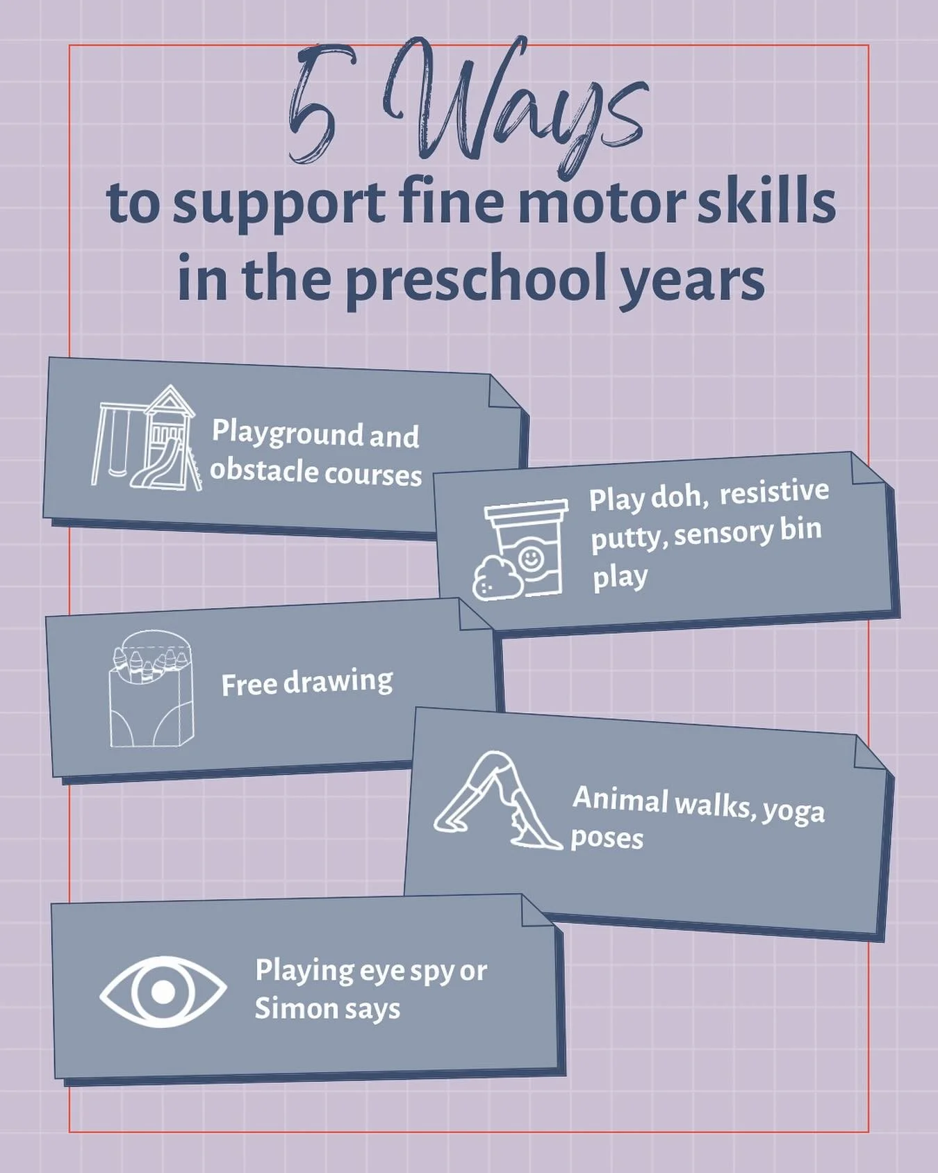 In the preschool years, it is important to build prerequisite skills before we focus on specifically teaching handwriting and letter formation. Such skills are built through sensorimotor play and environmental exploration. Here are some examples of g