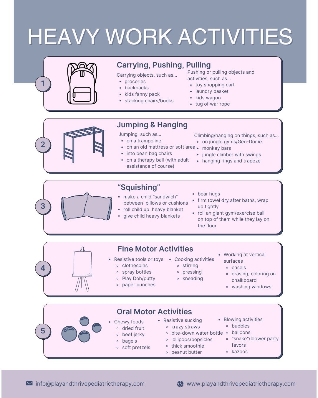 💪 Why &ldquo;Heavy Work&rdquo; Is So Helpful for Kids! 💪

&ldquo;Heavy Work&rdquo; activities are movements that use the muscles and joints to push, pull, lift, carry, or squeeze. These activities give the body proprioceptive input&mdash;which help