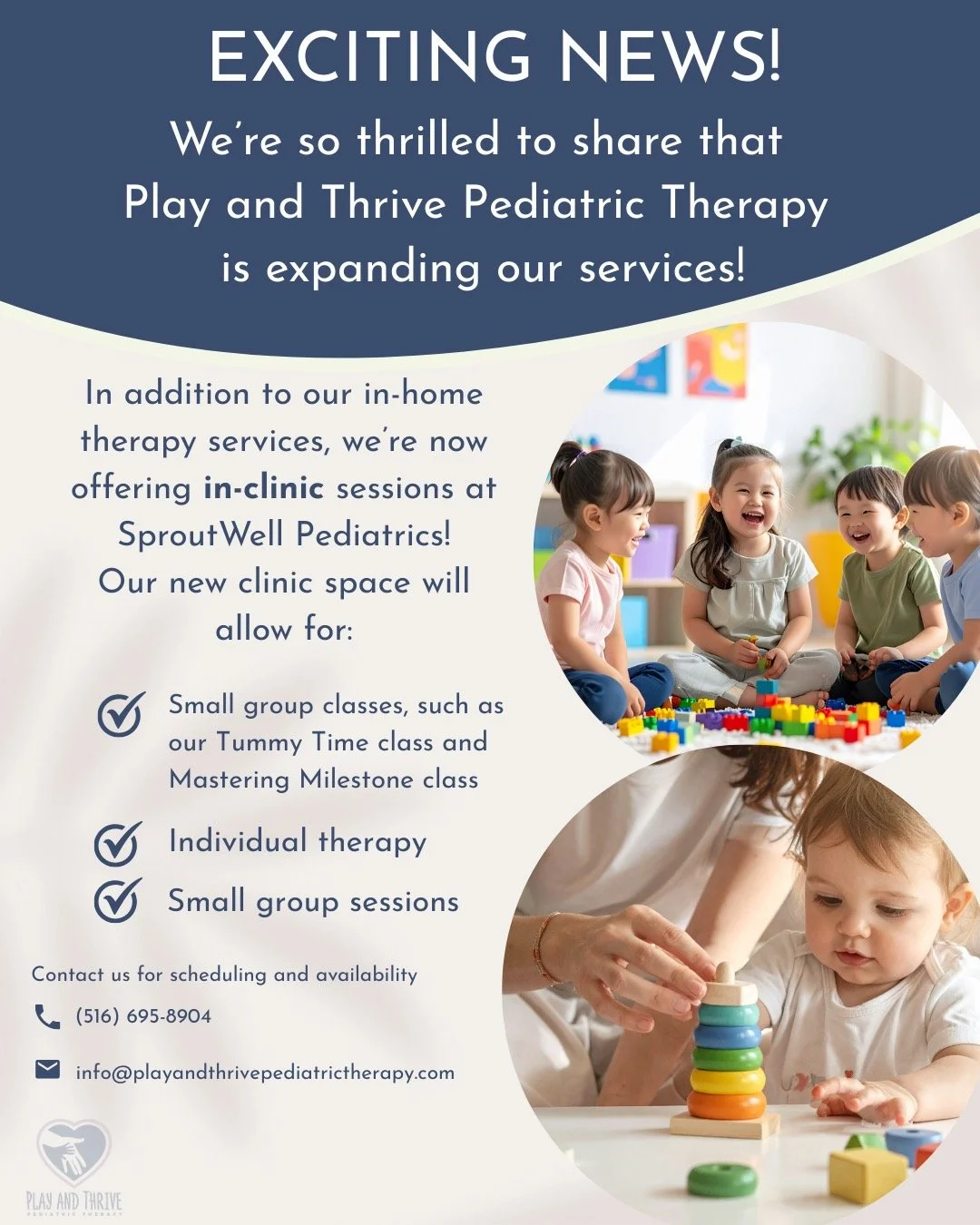 ✨ Big News from Play &amp; Thrive Pediatric Therapy! ✨

We&rsquo;re so excited to share that Play &amp; Thrive is growing! In addition to our in-home therapy services, we&rsquo;re now offering in-clinic therapy sessions in collaboration with SproutWe