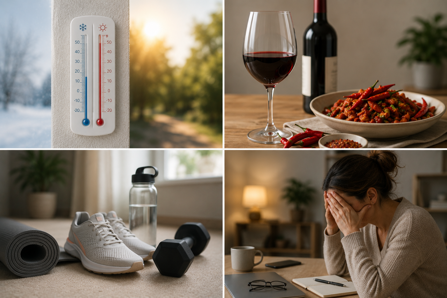 Cuatro imágenes: un termómetro en un clima frío, una copa de vino y un plato de comida picante, equipo de ejercicio en interiores, y una mujer con estrés en una oficina.