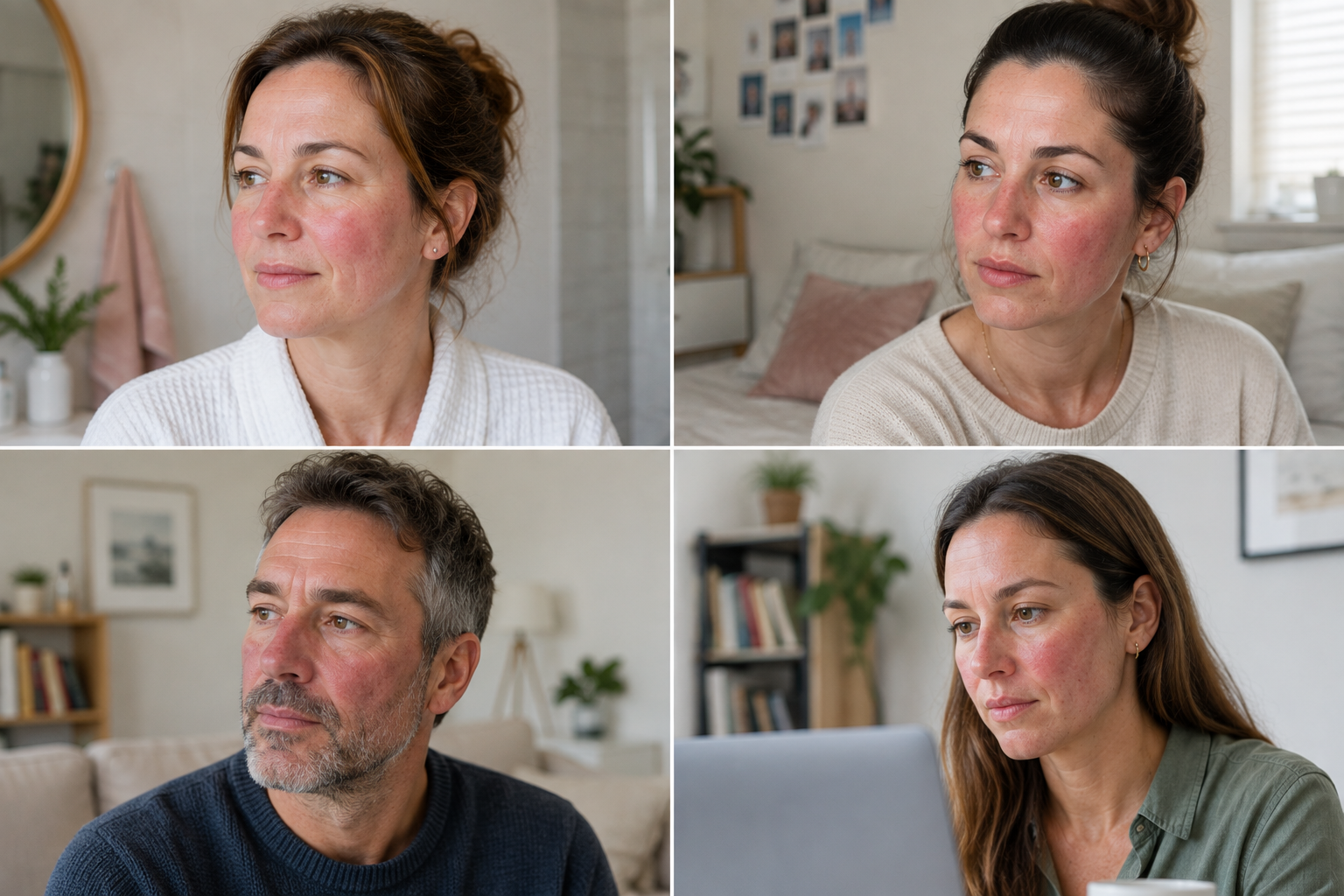 Cuatro personas con expresión pensativa en diferentes entornos, dos mujeres y un hombre en interiores con decoraciones modernas.
