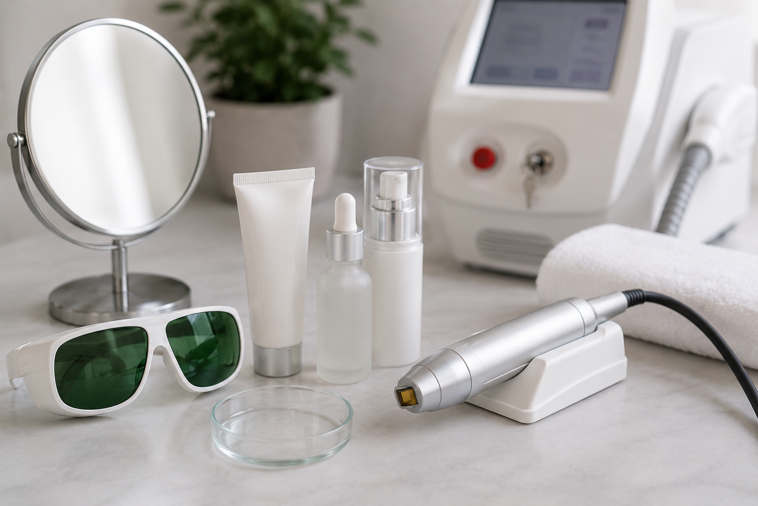 Equipo y productos para tratamiento láser en un entorno de estética o dermatología, incluyendo gafas protectoras, tubo de crema, frascos con dispensador, máquina de láser y otros accesorios en una mesa.
