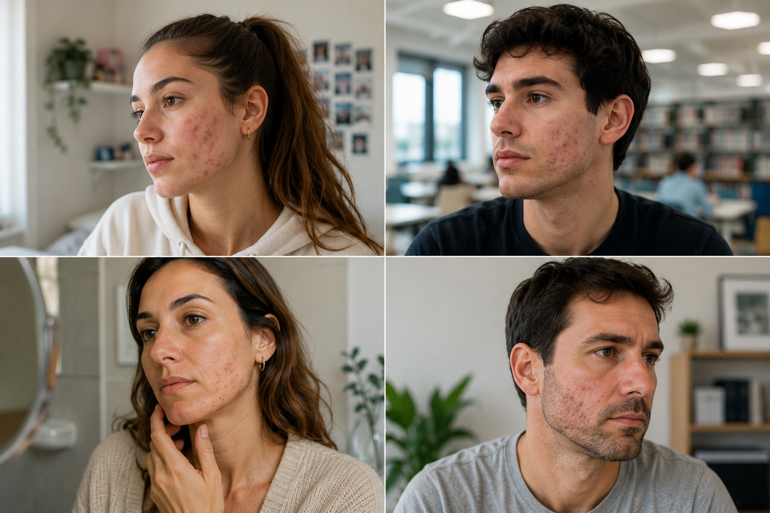 Cuatro retratos de personas con acné en diferentes ambientes interiores.