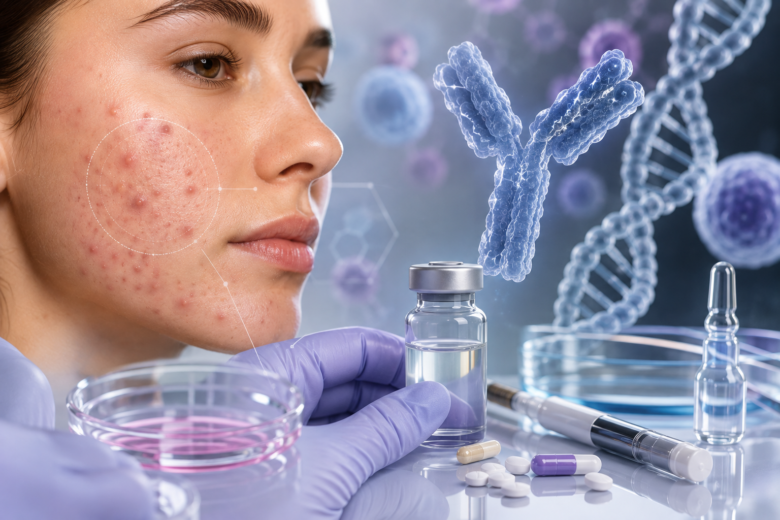 Mujer con acné en su rostro en un laboratorio con medicamentos, jeringas, y representaciones de ADN y anticuerpos en el fondo.