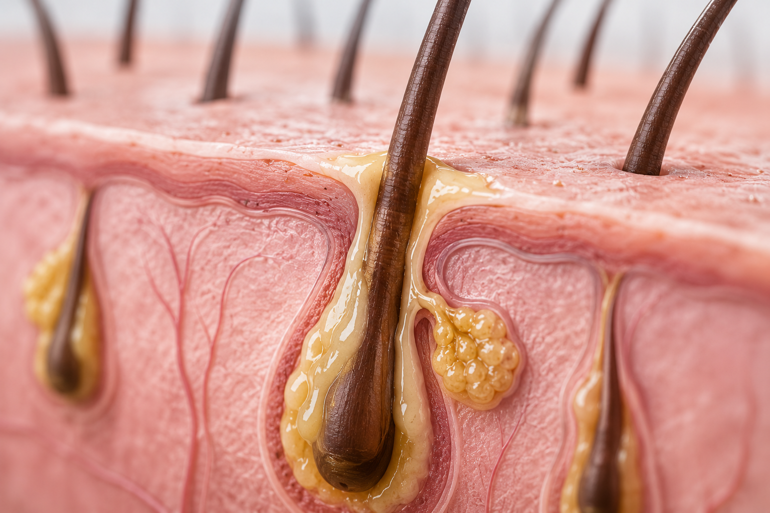 Vista microscópica de un folículo piloso en la piel humana, mostrando pelo, glándula sebácea y grasa.