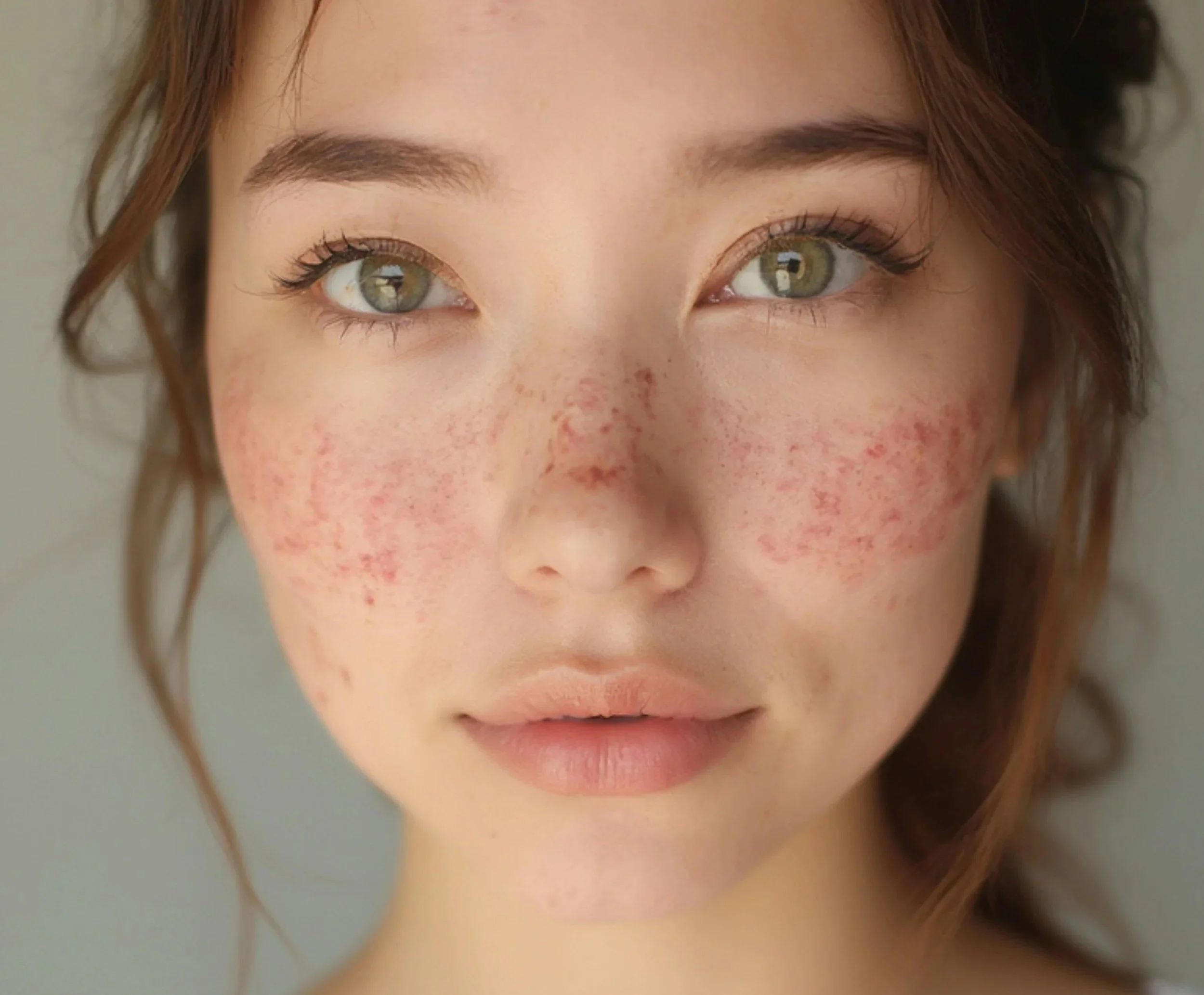 Primer plano de una cara de una mujer con ojos verdes, piel con pecas, labios suaves y cabello castaño con ondas.