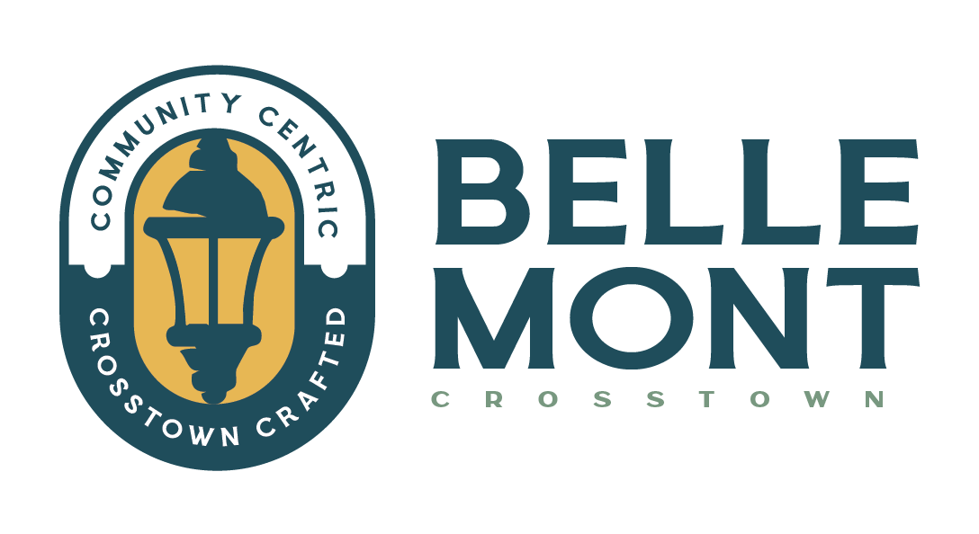 Logo of Bellemont Crosstown apartments featuring a lamp and text 'Community Centric Crosstown Crafted' and 'Belle Mont Crosstown'.