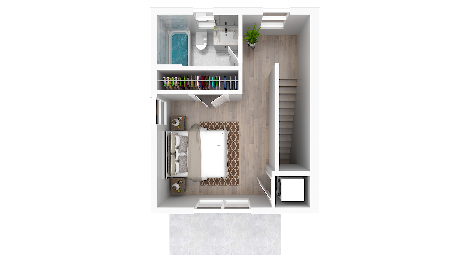 Top-down view of a bedroom with a bed, nightstands, lamps, a closet with clothes, a bathroom with a bathtub, toilet, and sink, and a staircase leading up.