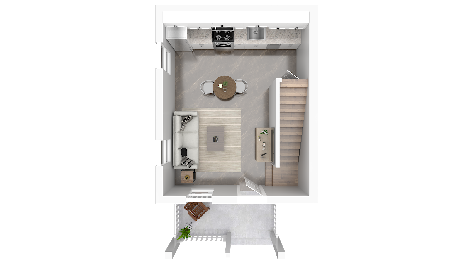 Top-down view of a small open-concept living space with a kitchen, dining area, and living room. The kitchen is along one wall with a stove, sink, and cabinets. A round dining table with four chairs is in the center. The living area has a sofa, a coffee table, and a media unit with a TV. There is a small porch or balcony at the bottom with outdoor furniture and plants.