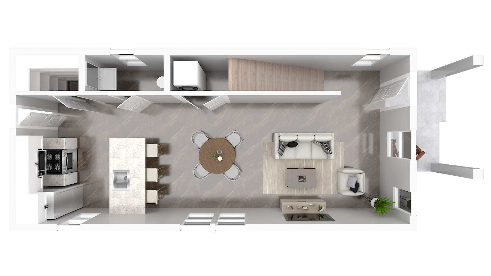 Top-down view of a modern open-concept living space with a kitchen, dining area, and living room, featuring a kitchen island, oven, sofa, armchair, and a small plant near the windows.